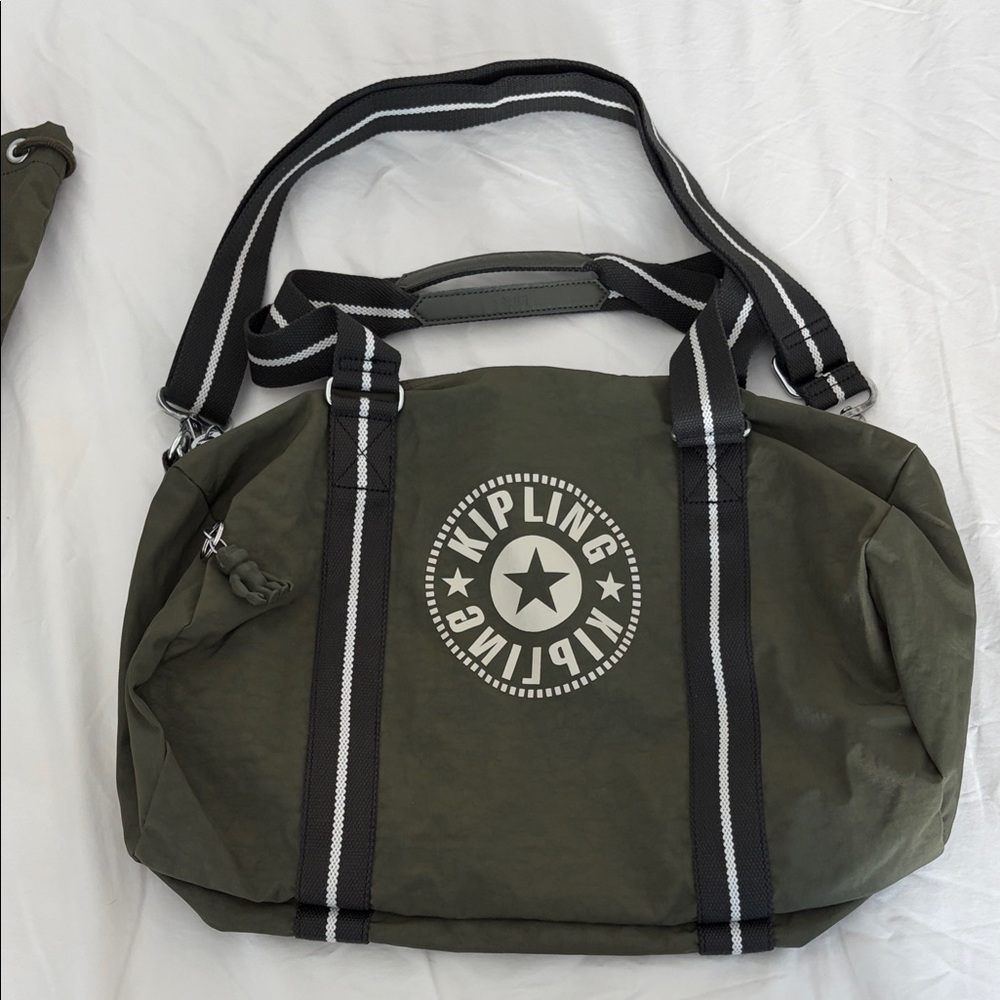 Kipling Moss Green Duffel Bag with Black Straps